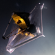 An artist's conception of the Webb telescope at center, oriented towards the bottom left corner of the image.